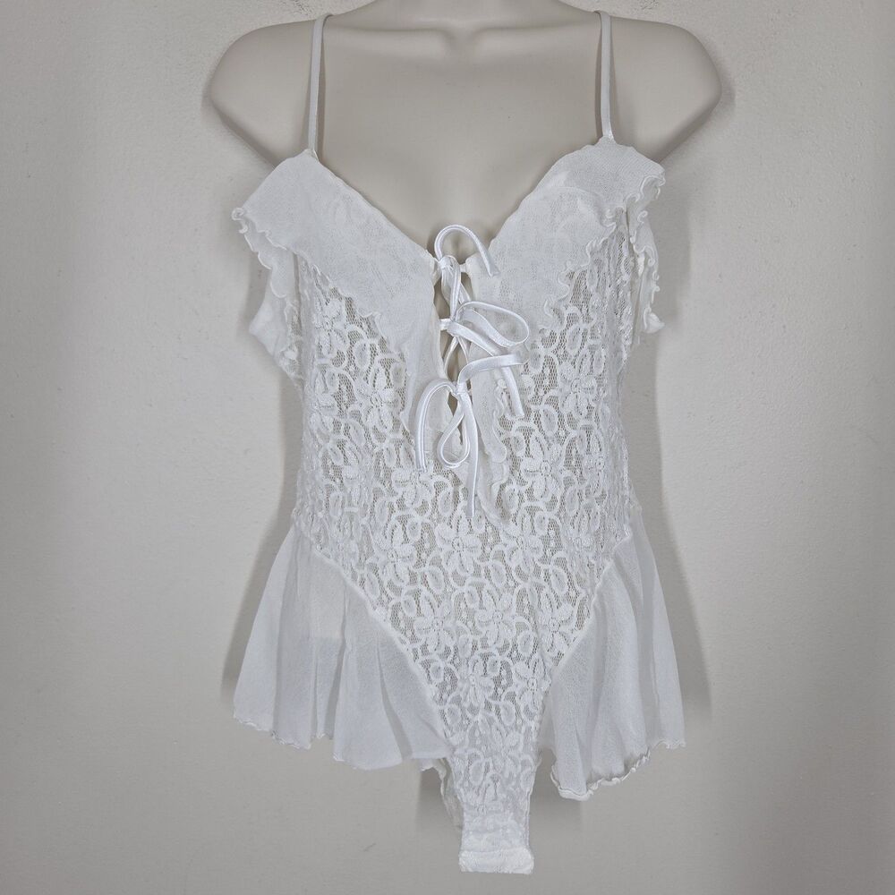 Vtg Victoria's Secret Gold Label White Lace Ruffle Teddy Bodysuit L Bridal Sexy